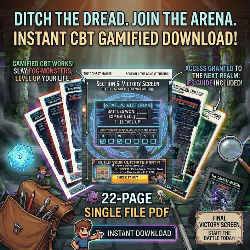 Pode incluir: An&uacute;ncio de download gamificado de TCC. A imagem apresenta um tema de fantasia com o texto "Ditch the Dread. Join the Arena." e "Instant CBT Gamified Download!". V&aacute;rios documentos, dados e uma caneta tamb&eacute;m s&atilde;o vis&iacute;veis.