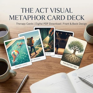 May include: The Act Visual Metaphor Card Deck features therapy cards with illustrations including a beachball in a pool, a person with a heavy backpack, a flashlight, a stage, and a rooted tree. The cards are displayed with text labels.