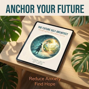 May include: A digital tablet displays the text "ANCHOR YOUR FUTURE" and "THE FUTURE SELF ARCHITECT". The screen shows a circular illustration of a person walking towards a bright landscape. The text "Reduce Anxiety, Find Hope" is at the bottom.