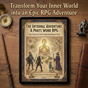 May include: A digital tablet displays "The Internal Adventure: A Parts Work RPG" with a map-like illustration of figures and a castle. The text reads "Transform Your Inner World into an Epic RPG Adventure". A compass, wand, and figurine are on a wooden surface.