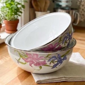 Vintage 2-Piece Enamelware Iris Flower Nesting Mixing Bowls, Retro Kitchenware Set