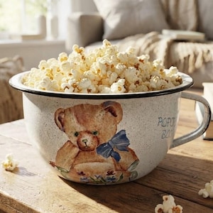 May include: A white enamel bowl with a black rim and a single handle, filled with popcorn. The exterior features a speckled finish and a painted illustration of a brown teddy bear wearing a blue bow, with the text Popcorn Bowl printed nearby.