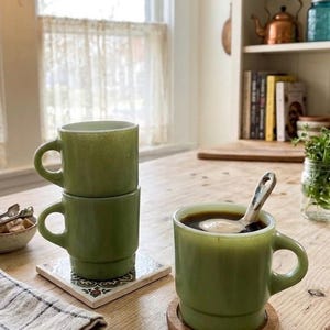 Vintage Fire-King Avocado Green Stacking Mugs, Set of 3, Mid-Century Milk Glass