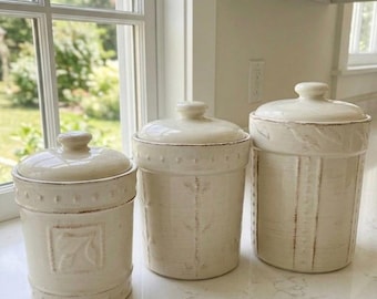 Vintage Signature Housewares Sorrento Ivory Canister Set of 3 | Debby Segura Designs 2001 Cream Stoneware Kitchen Storage Jars