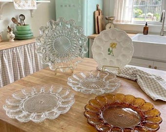Vintage Deviled Egg Plate Collection | Anchor Hocking Fairfield, Hobnail & Floral Patterns | Retro MCM Glass and Ceramic