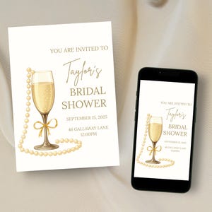 Pearls & Prosecco Bridal Shower Invitation, Champagne Bridal Shower Invite, Printable Invite, Editable Canva Template, Digital Download