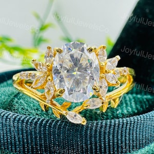 Vintage Oval Moissanite Engagement Ring Set Gold Floral Leaf Design Vintage Wedding Ring Set For Her Handmade Bridal Jewelry Romantic Gift