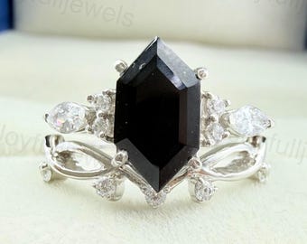 Set di anelli vintage esagonali in onice nera: anello di fidanzamento in argento sterling con diamanti