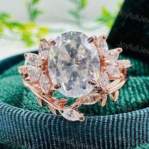 Oval Moissanite Engagement Ring Set Rose Gold Floral Leaf Design Vintage Wedding Ring Set For Her Handmade Bridal Jewelry Romantic Gift