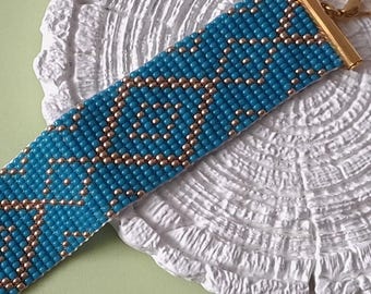 Turquoise Beaded Bracelet, Wide Loom Bracelet, Statement Cuff Bracelet, Boho Jewelry Gift