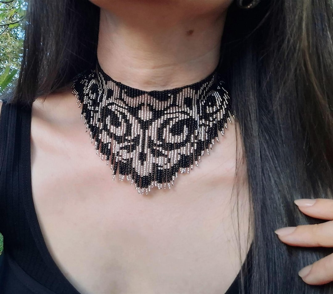 Black Beaded Lace Choker - Handmade Fringe Gothic Necklace - Etsy