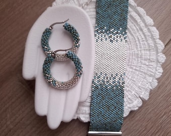 Turquoise Jewelry Set– Elegant Silver Cuff Adjustable Bracelet,Beaded Hoop Earrings, Girlfriend Gift