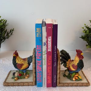 Pair of vintage colorful ceramic rooster bookends, country farmhouse decor, vintage rooster bookends, hen and rooster bookends