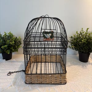 Vintage Bird Cage, Black Metal & Wicker Birdcage, Decorative Bird Cage, Rustic Boho Farmhouse Decor, French Country Decor, Birdcage
