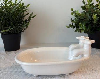 Jabonera de cerámica color crema vintage para bañera, mini bañera retro con grifos, decoración de baño retro, soporte para jabón de bañera