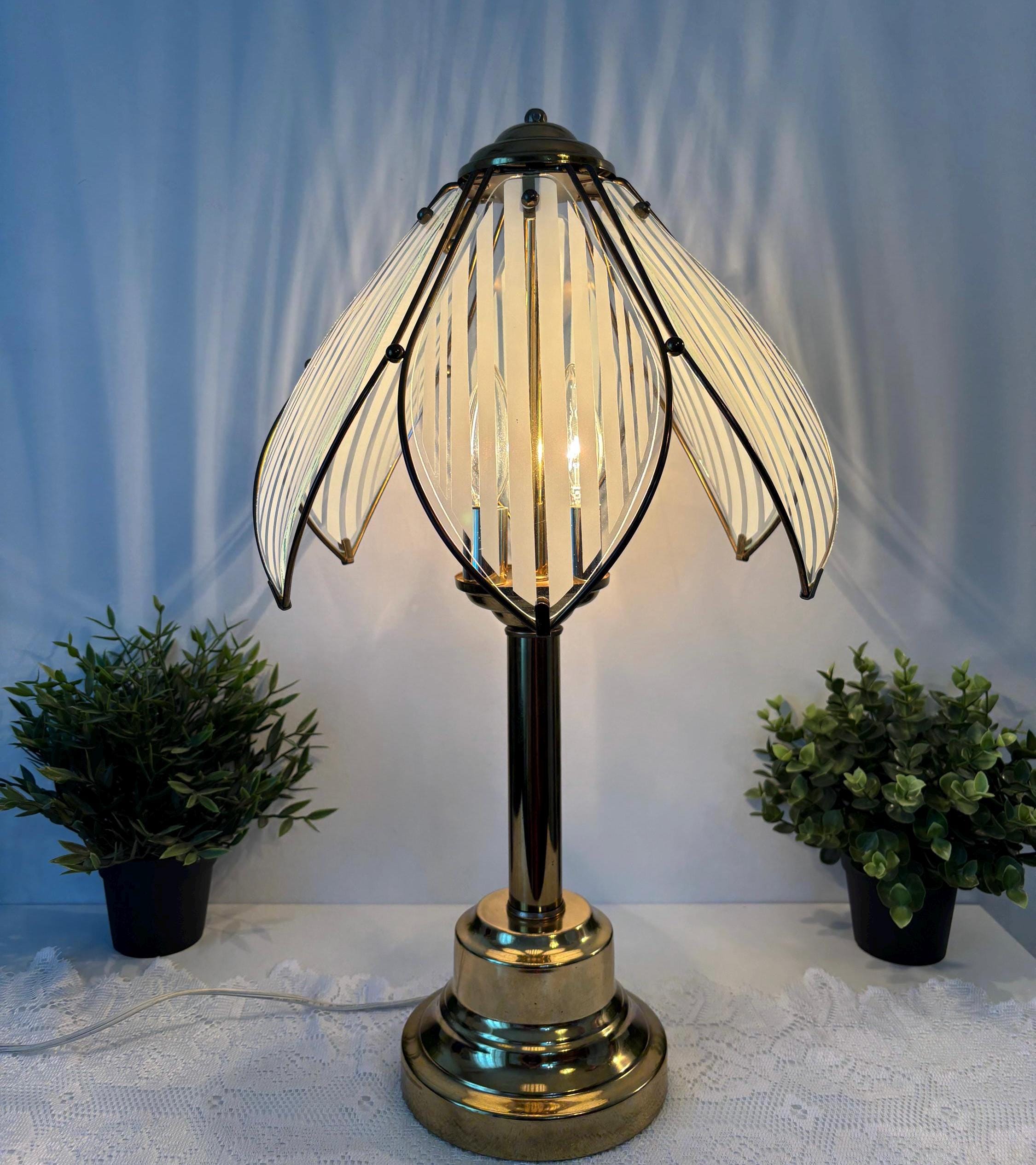 Vintage Hollywood Regency Brass Table Lamp, Art Deco Lotus Style