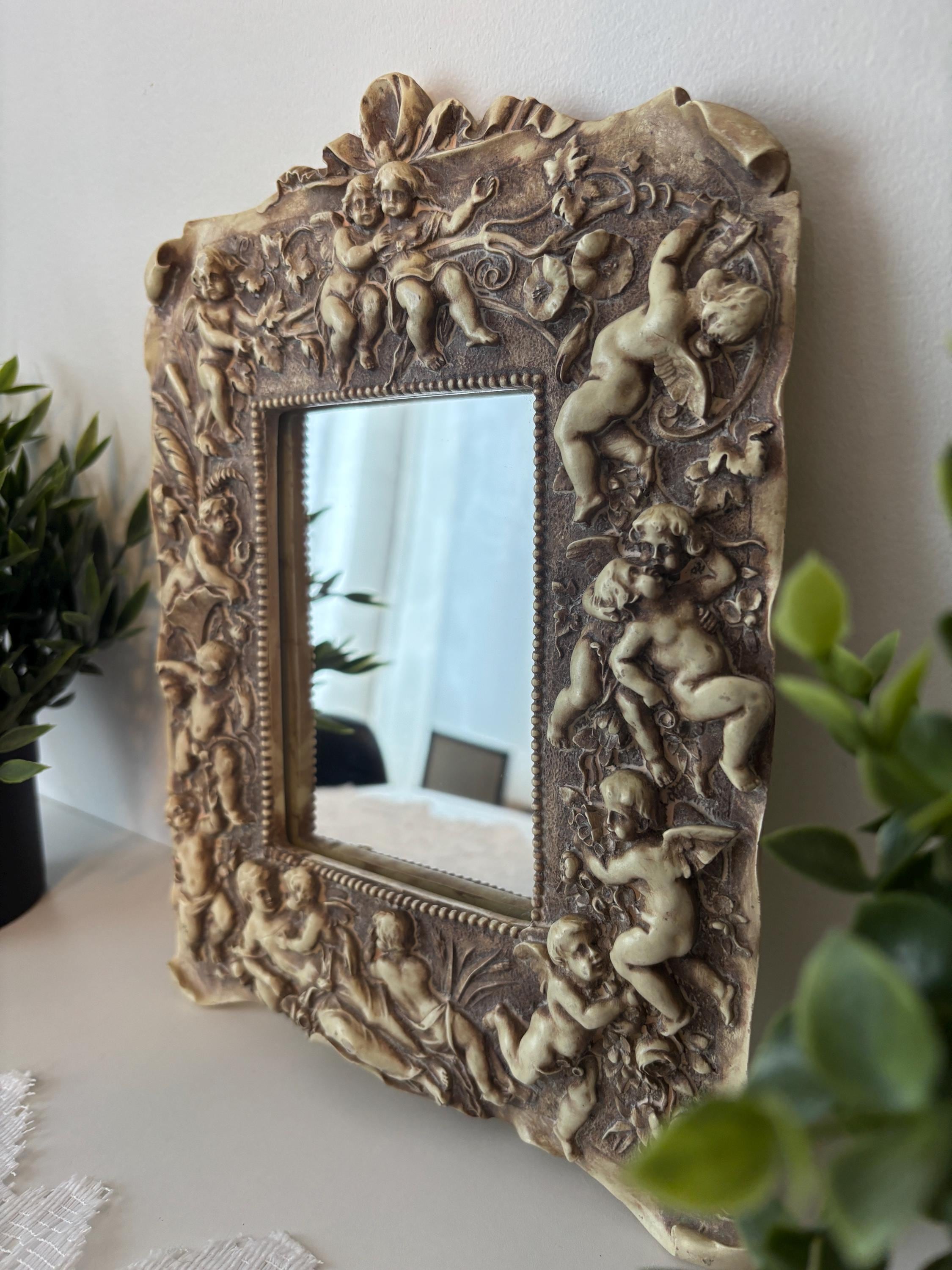Vintage Baroque Wall Mirror, Gilt Bronze Frame With Cherubs in