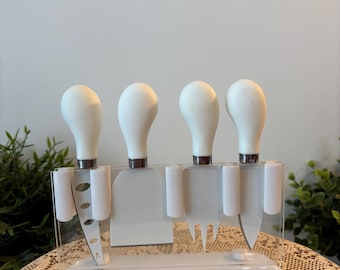 Set of 4 vintage spreadable knives, funky white resin handles, retro white decorative butter knives, knife set