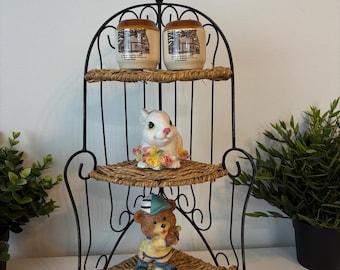 Mensola angolare vintage in metallo e rattan, 3 ripiani decorativi, piccolo ripiano portaoggetti in rattan