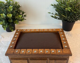 Vintage wooden jewelry box with leather lining, velvet interior, removable tray.