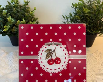 Salvamanteles de cristal con estampado de cerezas rojas y lunares blancos, salvamanteles de cristal vintage con estampado de cerezas, decoración de cocina estilo cottagecore, salvamanteles de cerezas