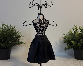 Vintage mannequin jewelry display stand, black and white dress jewelry holder, necklace and bracelet organizer, jewelry stand