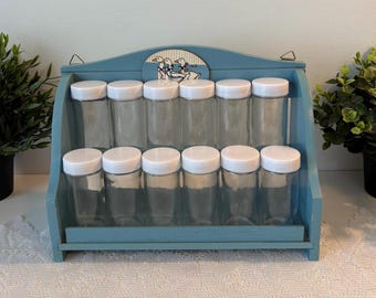 Vintage Family Goose Wooden Spice Rack with 12 Glass Jars, Blue Wooden Spice Rack with Glass Jars, Country Farmhouse Style