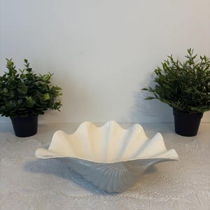 Peut inclure: Un grand bol décoratif blanc en forme de coquillage. Le bol a un bord festonné et une finition brillante. Deux petites plantes vertes en pot sont de chaque côté du bol.