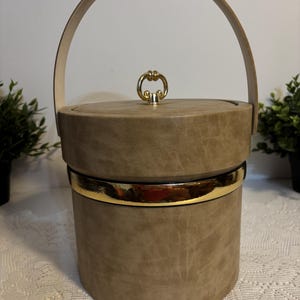 Balde de gelo vintage em imitação de couro com detalhes dourados, cooler retrô, acessório de bar elegante