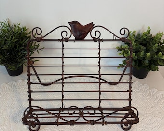 Metal cookbook display stand with bird, vintage wire mesh book holder, decorative book easel, cookbook stand holder