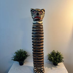 Vintage Wooden Cat CD Rack, Hand Carved Funky Feline Media Storage, Tribal Folk Art Boho Decor, Vintage Stylized Carved Wooden Cat CD Holder