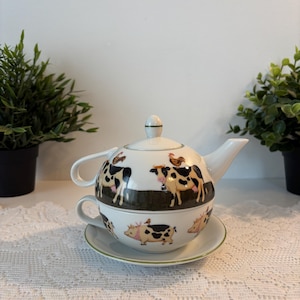 Vintage Cow Tea for One Set, Cow Teapot Cup & Saucer, Ensemble Théière Tasse Soucoupe Vaches Farmhouse Cottagecore, bouilloire farmhouse cow