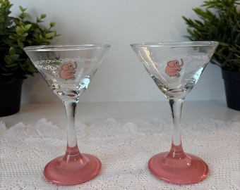 Pair of vintage pink elephant martini glasses by Dema Panache, 1980s retro barware.