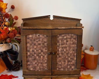 Vintage wooden spice cabinet, small rustic wall-mounted cabinet with decorated doors, spice rack, vintage wooden spice holder