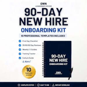 May include: A 90-Day New Hire Onboarding Kit featuring a dark blue spiral-bound notebook with the title printed in white. The kit includes 10 professional templates, a checklist, review guides, a training tracker, and a culture guide.