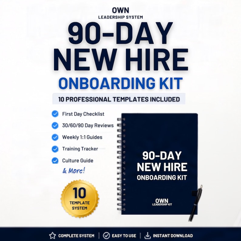 May include: A 90-Day New Hire Onboarding Kit featuring a dark blue spiral-bound notebook with the title printed in white. The kit includes 10 professional templates, a checklist, review guides, a training tracker, and a culture guide.
