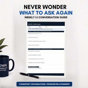 May include: A white document titled NEW HIRE 1:1 MEETING GUIDE with dark blue headers and text sections for orientation and contribution phases. The document includes lines for notes and questions. The text reads NEVER WONDER WHAT TO ASK AGAIN.