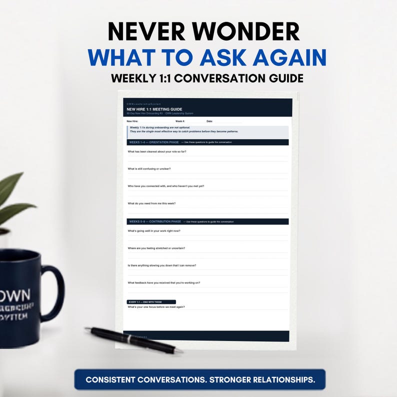 May include: A white document titled NEW HIRE 1:1 MEETING GUIDE with dark blue headers and text sections for orientation and contribution phases. The document includes lines for notes and questions. The text reads NEVER WONDER WHAT TO ASK AGAIN.