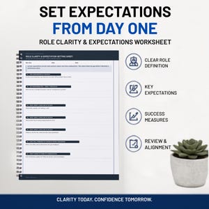 May include: A spiral-bound Role Clarity & Expectations Worksheet with dark blue headers and white pages. The document includes sections for core purpose, key responsibilities, and success measures. Four circular icons illustrate key concepts.