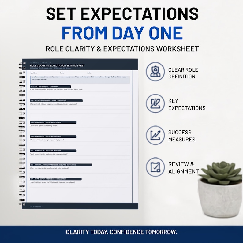 May include: A spiral-bound Role Clarity & Expectations Worksheet with dark blue headers and white pages. The document includes sections for core purpose, key responsibilities, and success measures. Four circular icons illustrate key concepts.
