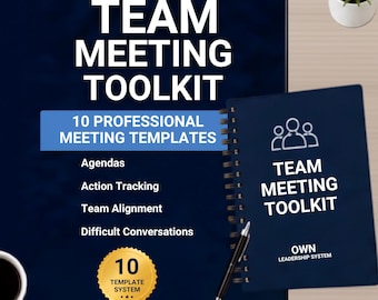 Peut inclure: Un kit de réunion d'équipe bleu foncé comprenant 10 modèles professionnels pour les ordres du jour, le suivi des actions, l'alignement d'équipe et les conversations difficiles. L'ensemble inclut un carnet à spirales, un stylo noir et un sceau doré.
