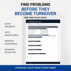 May include: A white document titled New Hire Feedback & Pulse Check with dark blue headers. It features sections for employee feedback, including a numbered rating scale from 1 to 5, multiple-choice word selections, and open-ended writing prompts.