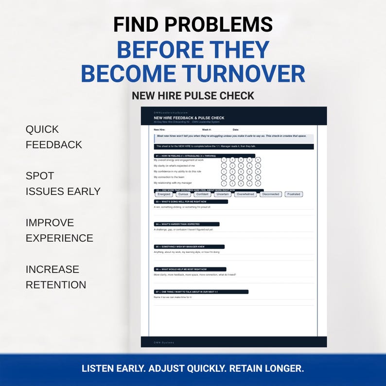 May include: A white document titled New Hire Feedback & Pulse Check with dark blue headers. It features sections for employee feedback, including a numbered rating scale from 1 to 5, multiple-choice word selections, and open-ended writing prompts.