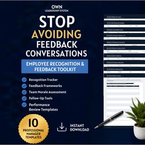 May include: A digital toolkit titled OWN LEADERSHIP SYSTEM STOP AVOIDING FEEDBACK CONVERSATIONS EMPLOYEE RECOGNITION & FEEDBACK TOOLKIT. Includes 10 professional manager templates, a recognition tracker, feedback frameworks, and a black pen.