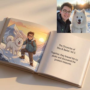 Op de afbeelding: Een open boek met een kleurrijke illustratie van een persoon en een witte hond op een besneeuwde berg, met een zonsondergang op de achtergrond. De tekst luidt "The Chronicles of Max & Baxter: Vol 3."