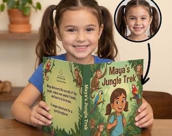 May include: A young girl smiles while holding open a children's book titled "Maya's Jungle Trek." The book cover features illustrations of monkeys, parrots, and a girl with a backpack. Text on the cover describes the story's themes of discovery and bravery.