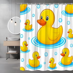 May include: A white shower curtain featuring a repeating pattern of yellow cartoon ducks floating on blue water. The ducks have orange beaks and are surrounded by blue bubbles. The curtain is designed for a bathroom.