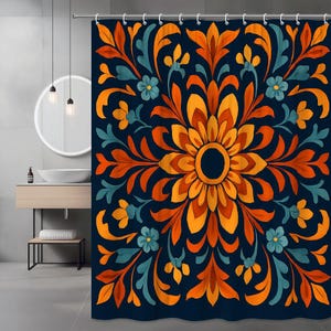 Navy Floral Shower Curtain with Orange and Teal Pattern for Boho Home