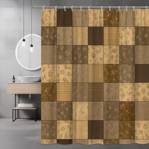 May include: A shower curtain with a patchwork design in shades of brown, tan, and beige. The squares feature various patterns, including floral prints, plaid, and textured effects. The curtain hangs from a metal rod in a bathroom setting.