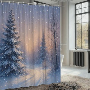 May include: A winter-themed shower curtain featuring a snowy forest scene. The design includes snow-covered evergreen trees, a winding path, and falling snowflakes. The color palette is dominated by blues, whites, and a warm, golden glow in the background, creating a serene atmosphere.